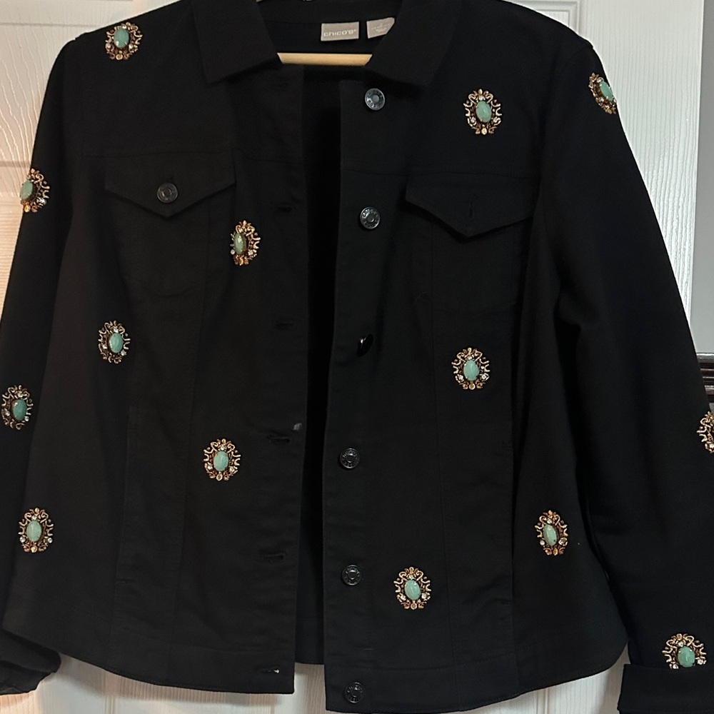 Chico's Black Jean Jacket with Turquoise Embellishments